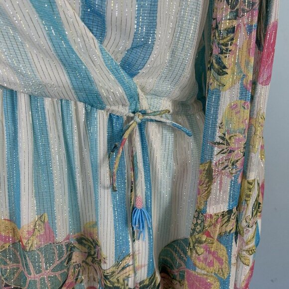 Rococo Sand Lily Drawstring Tassel Tie Floral Mini Dress Bell Sleeves Size Small - Picture 3 of 16